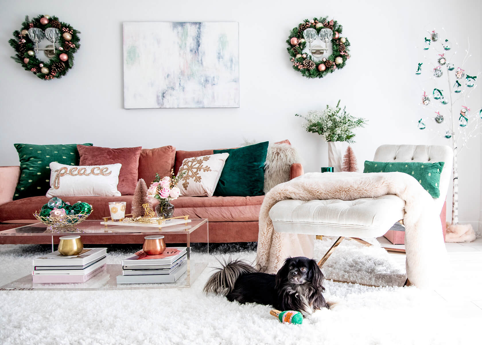 Sydne Style Shows Glam Holiday Decor Ideas With Green Velvet And Blush Couch Sydne Style